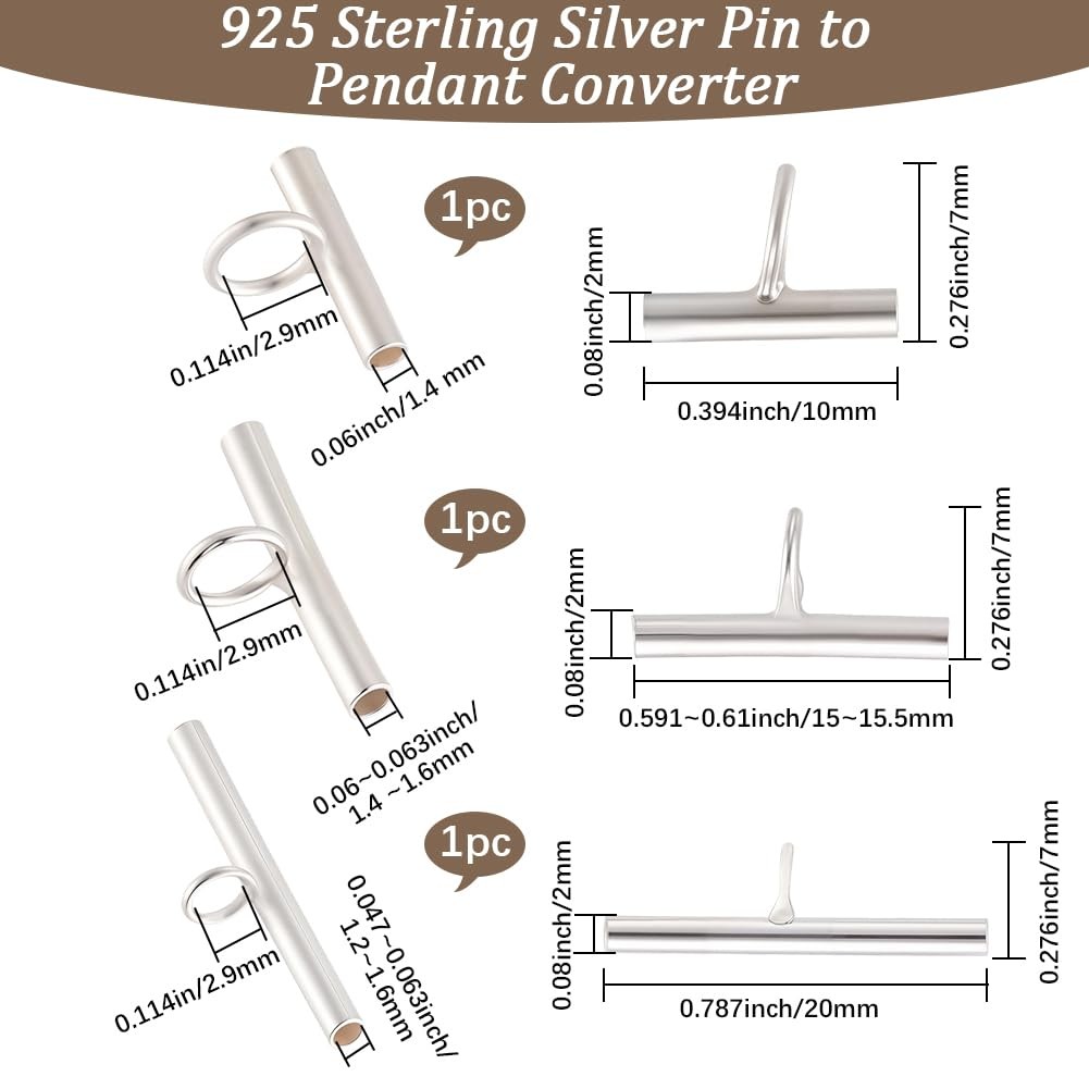 1 Box 3Pcs Pin to Pendant Converter 925 Sterling Silver 3 Sizes Brooch Pendan…