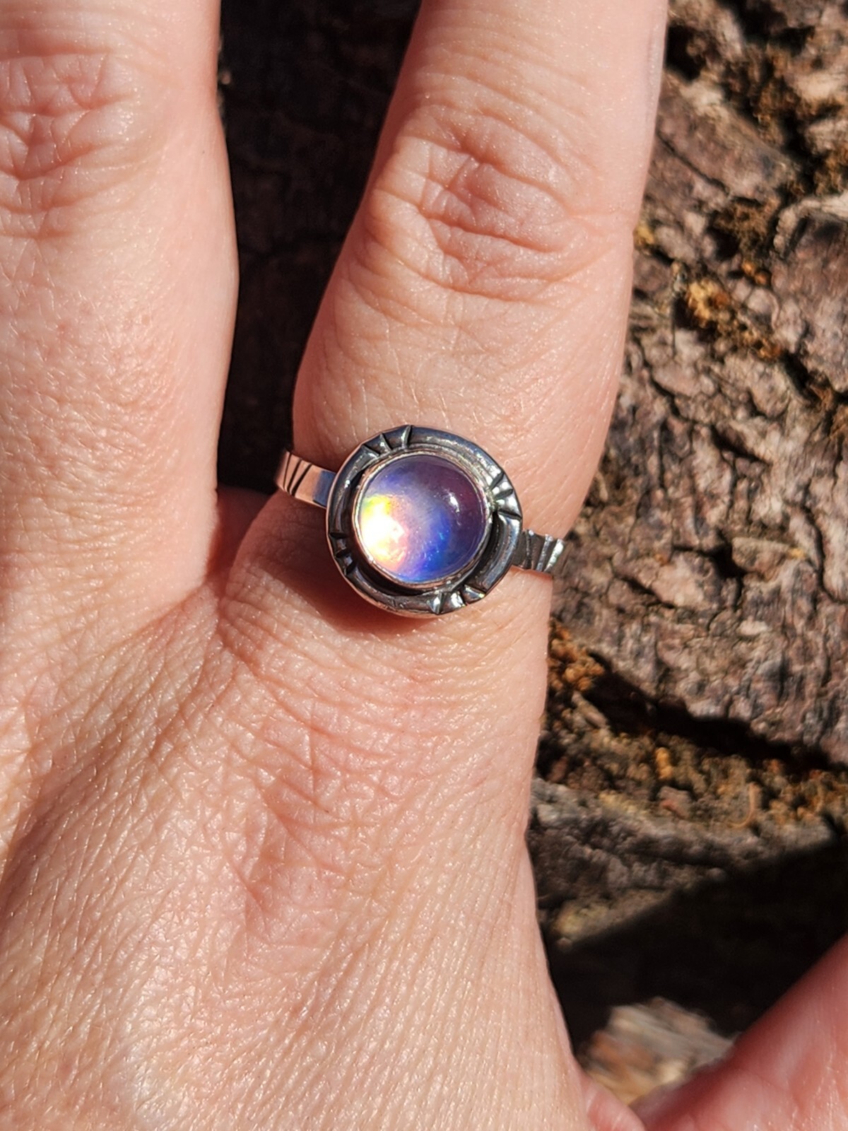 Aurora Opal Handmade Sterling Silver 925 Round Ring, Size 9 Pink Purple