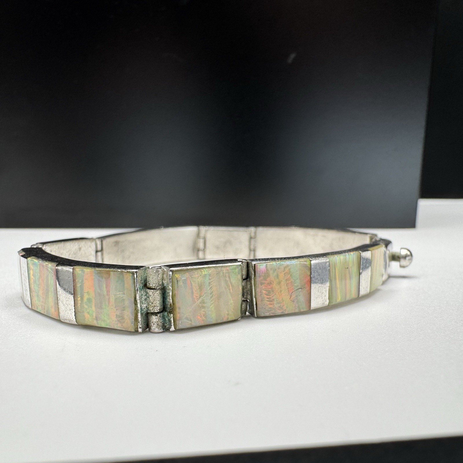 Mexico Opal And Sterling Bracelet Panel 14.8 Grams Size 7” See Details