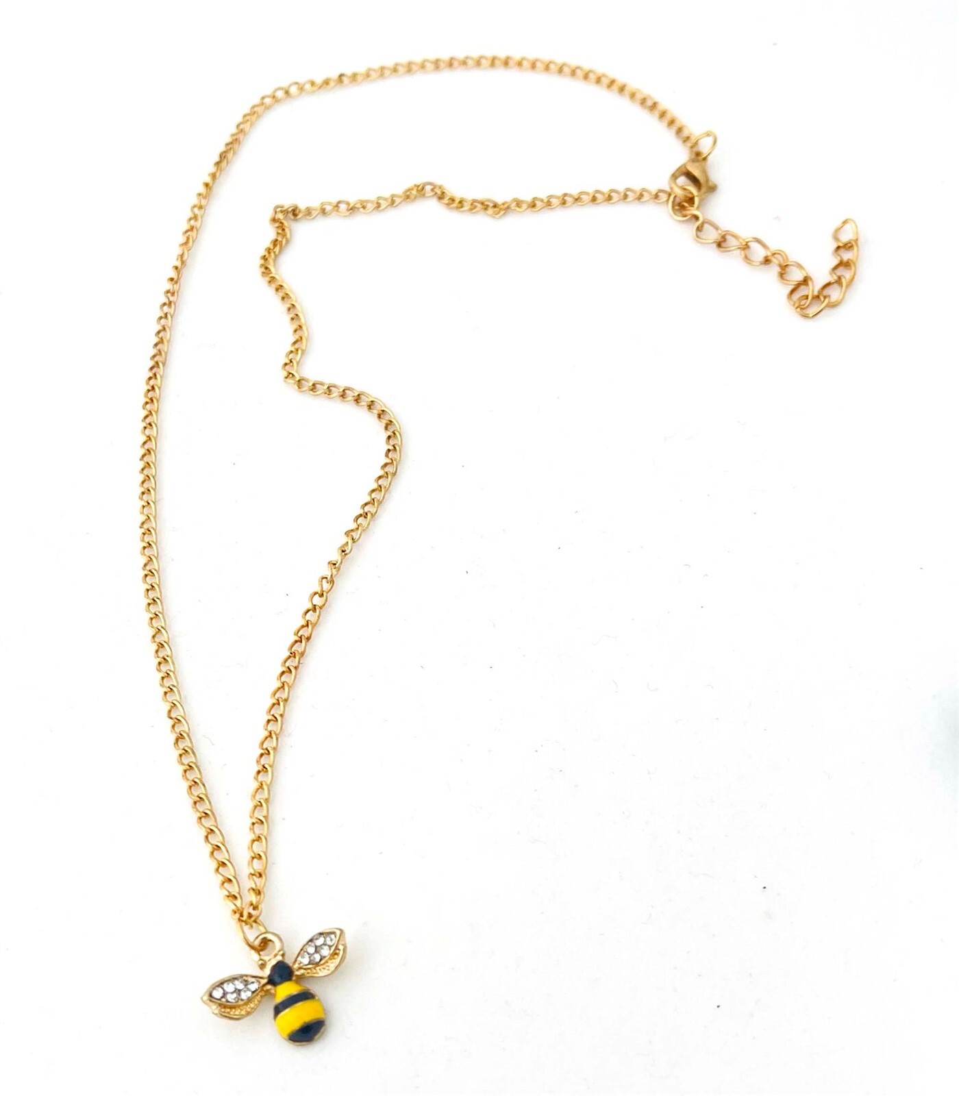 Honey Bee Charm Necklace, Gold Tone Chain Enamel Clear Rhinestone Insect Jewelry