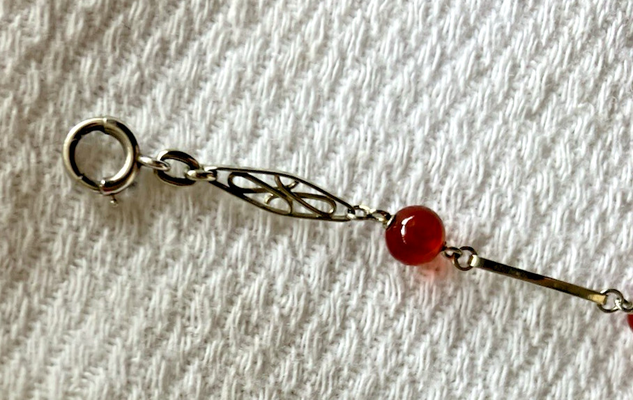 Dainty 10K White Gold Spessartine Garnet Bead Filigree Link Bracelet Vintage