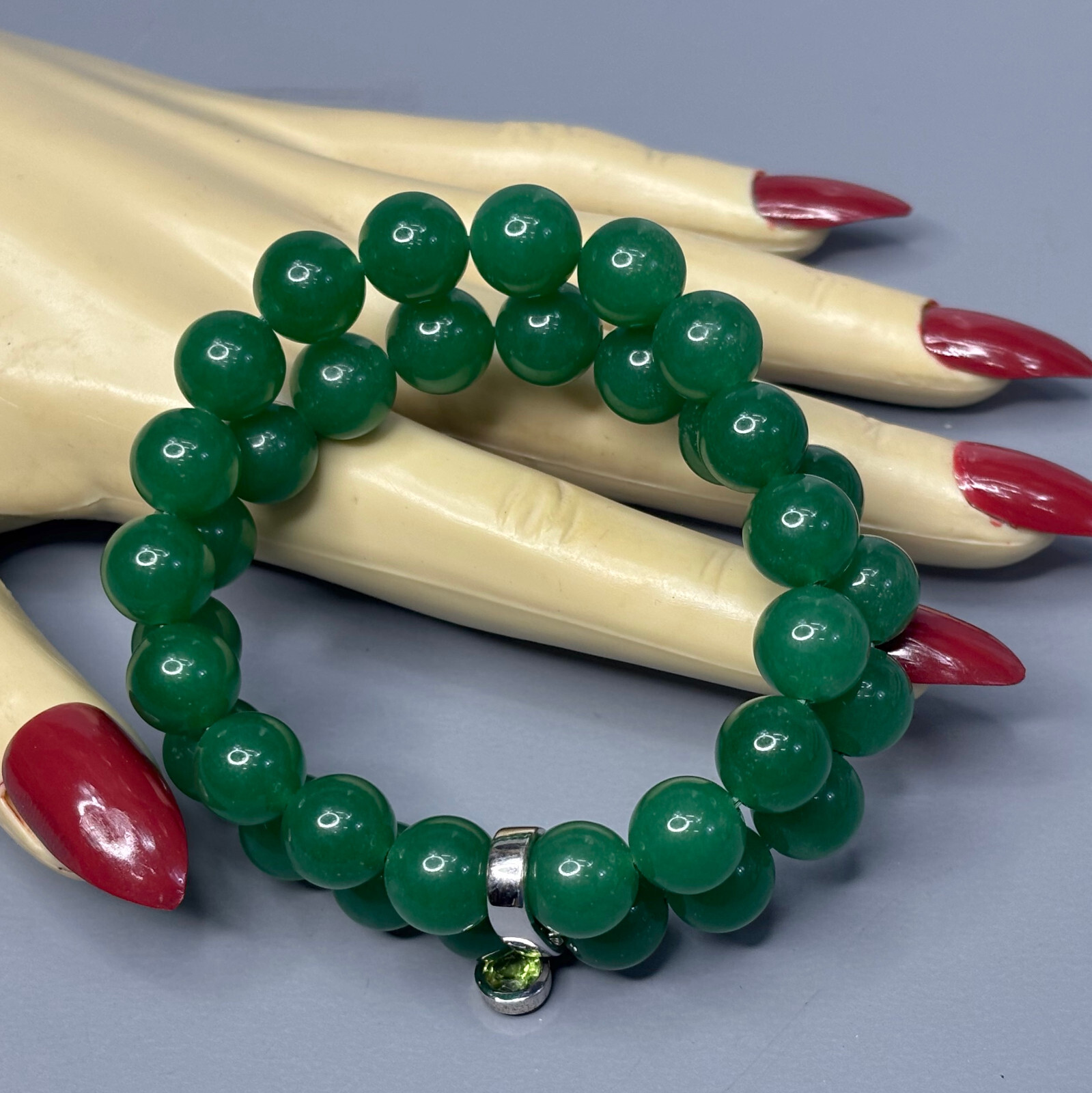 Sterling Silver .925 Aventurine Stone Dual Beaded Stretch Bracelet-Heavy-54g