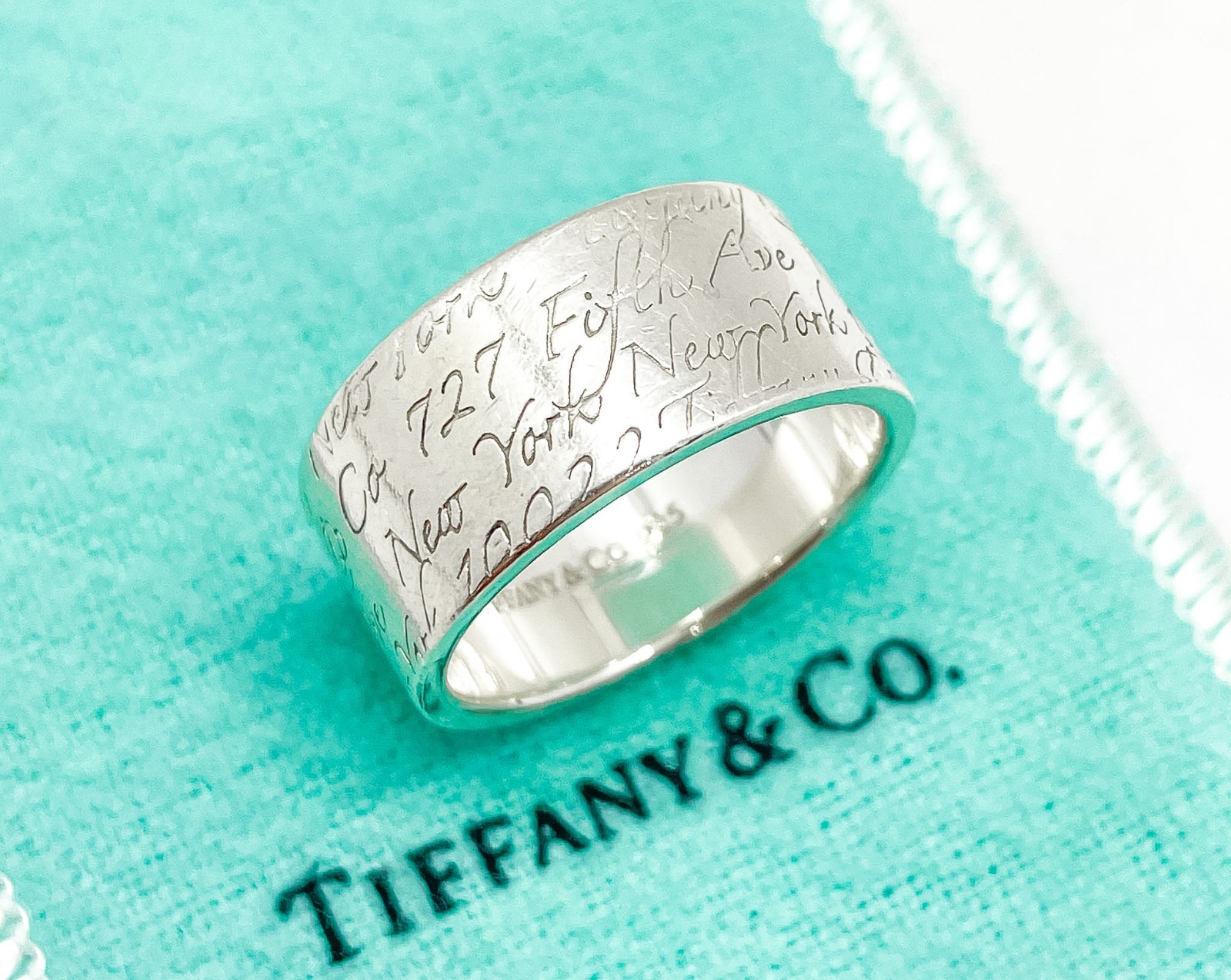 Tiffany & Co. Notes Script Fifth Avenue New York Wide Band Ring Silver Size 8.75