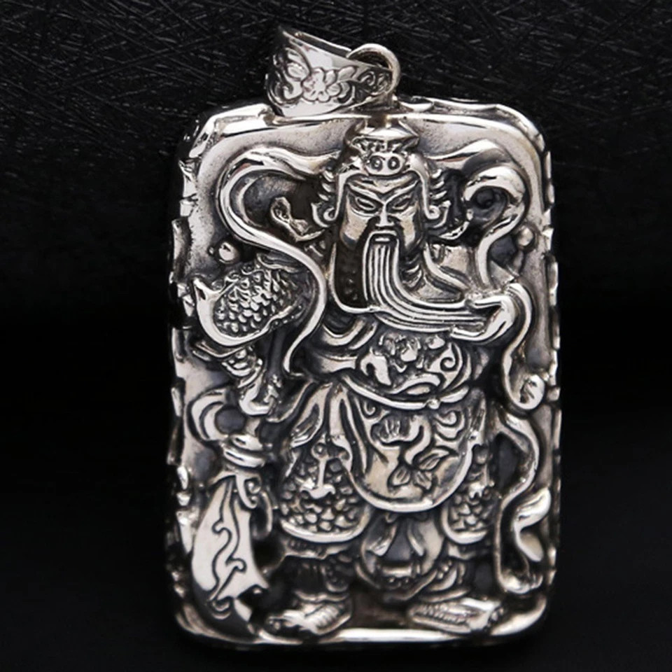 Pure S925 Sterling Silver Men Women Carved Dragon Guangong Oblong Pendant 34-35g