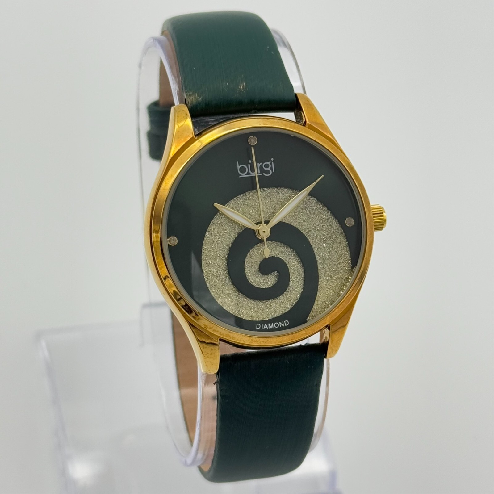 Women’s BURGI Swarovski Swirl Diamond Marker Watch, Green Leather, 34mm BUR201GN