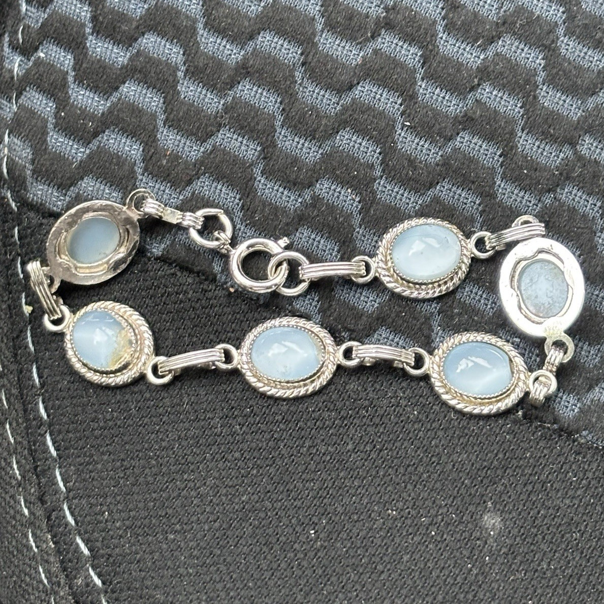 Silver Tone Bar Link Bracelet Oval White Cabochon Bezel Lobster Clasp