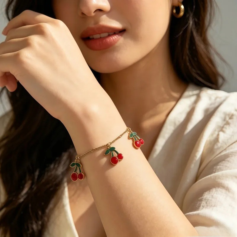 Sweet Cherry Enamel Bracelets For Women In Electroplated Stainless Steel new