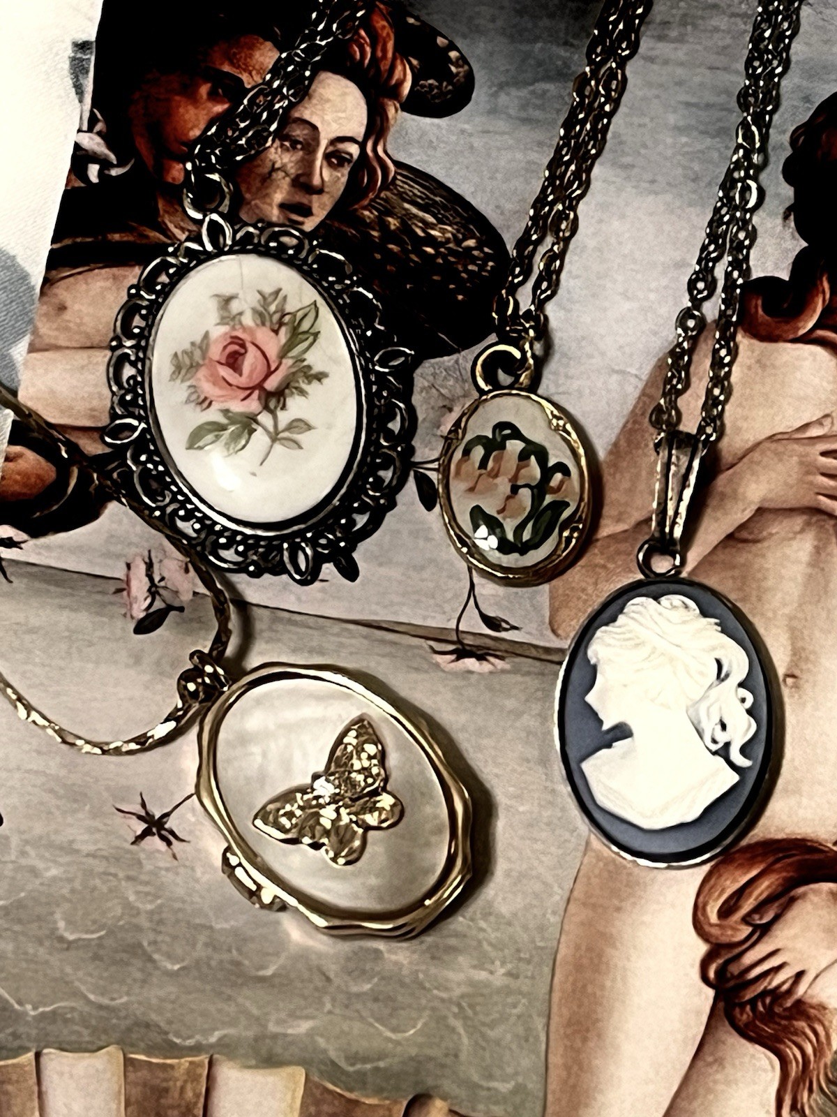 Locket Vintage Inspired Cameo Necklace Lot Hand Painted Regency Bridgerton
