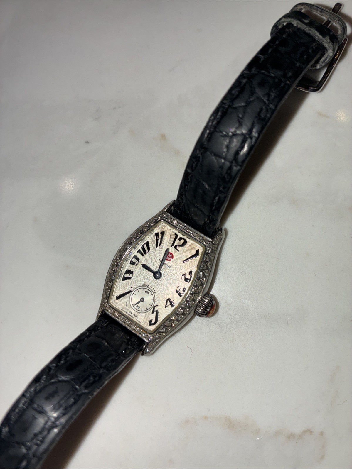 Michele Mini Urban Diamond Watch With Black Leather Band in Excellent Cond.