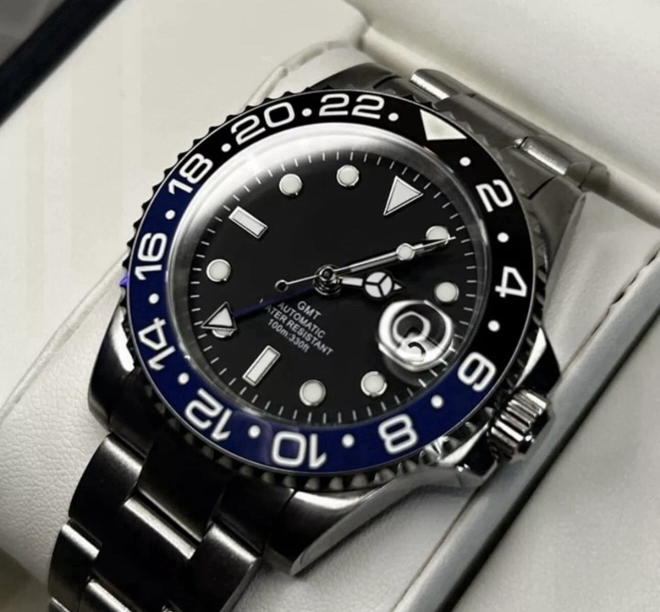 Custom 40mm GMT Style “Batman” Mod Watch w/ NH34 Automatic – Bezel Lumes