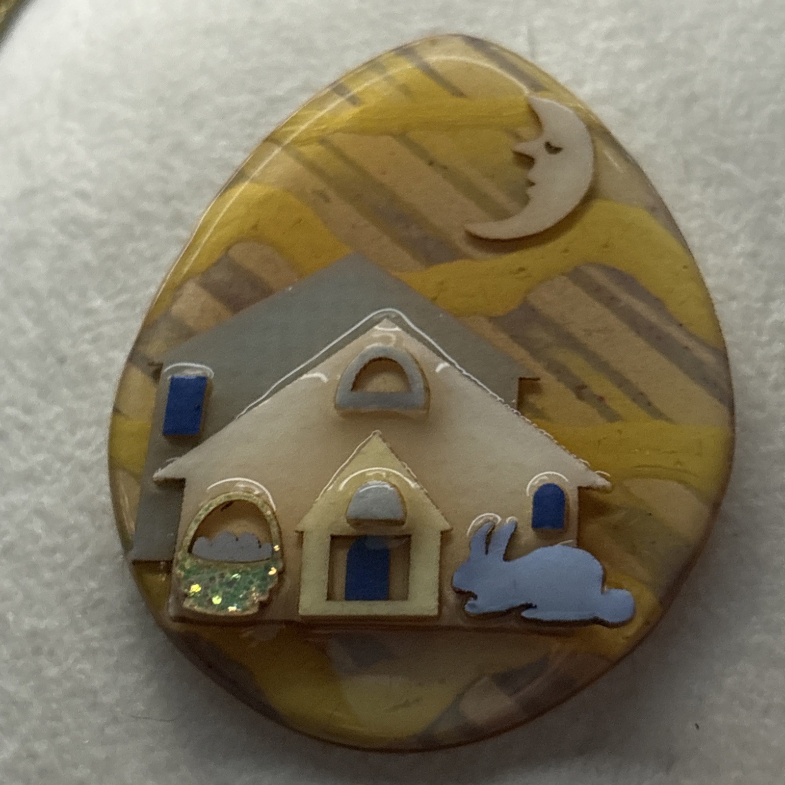 House pins By Lucinda ~ Easter Brooch Egg Shape Glitz Easter Basket Blue Bunny