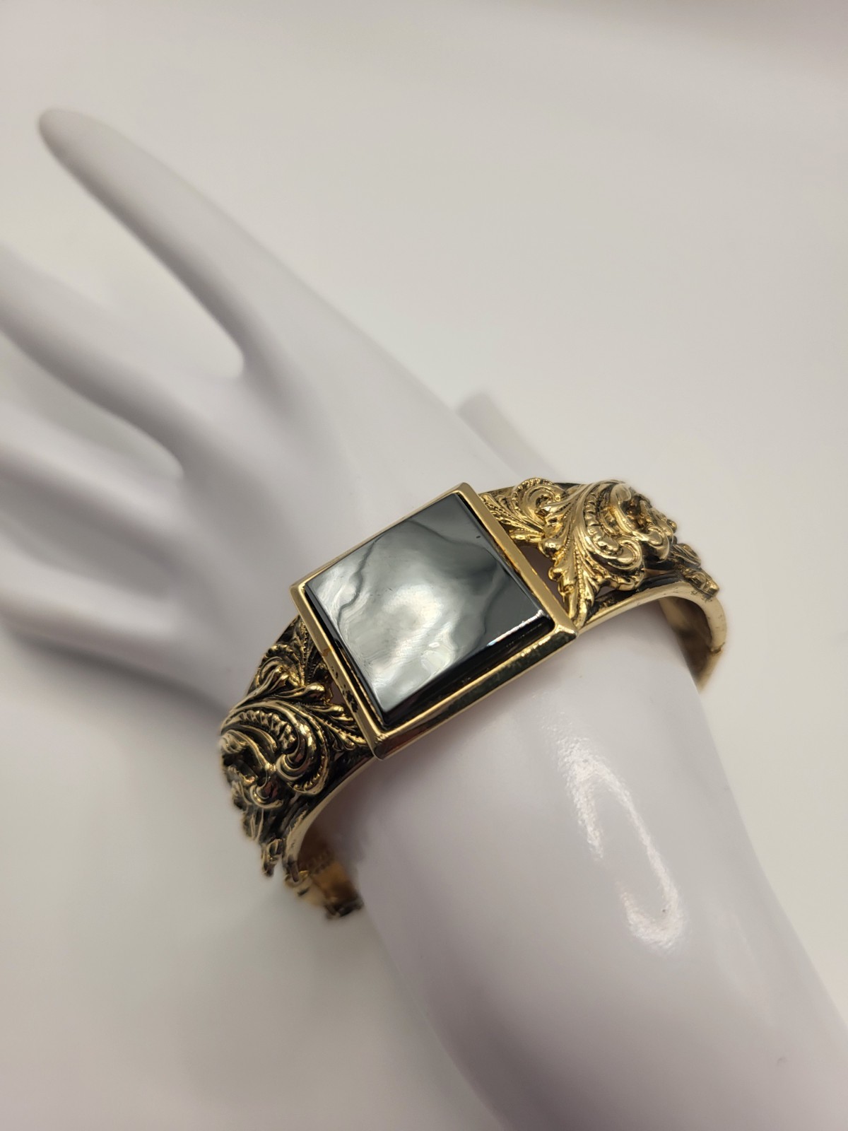 Ornate Hinged Cuff Bangle Bracelet Hematite Center Square Victorian Rev Goldtone