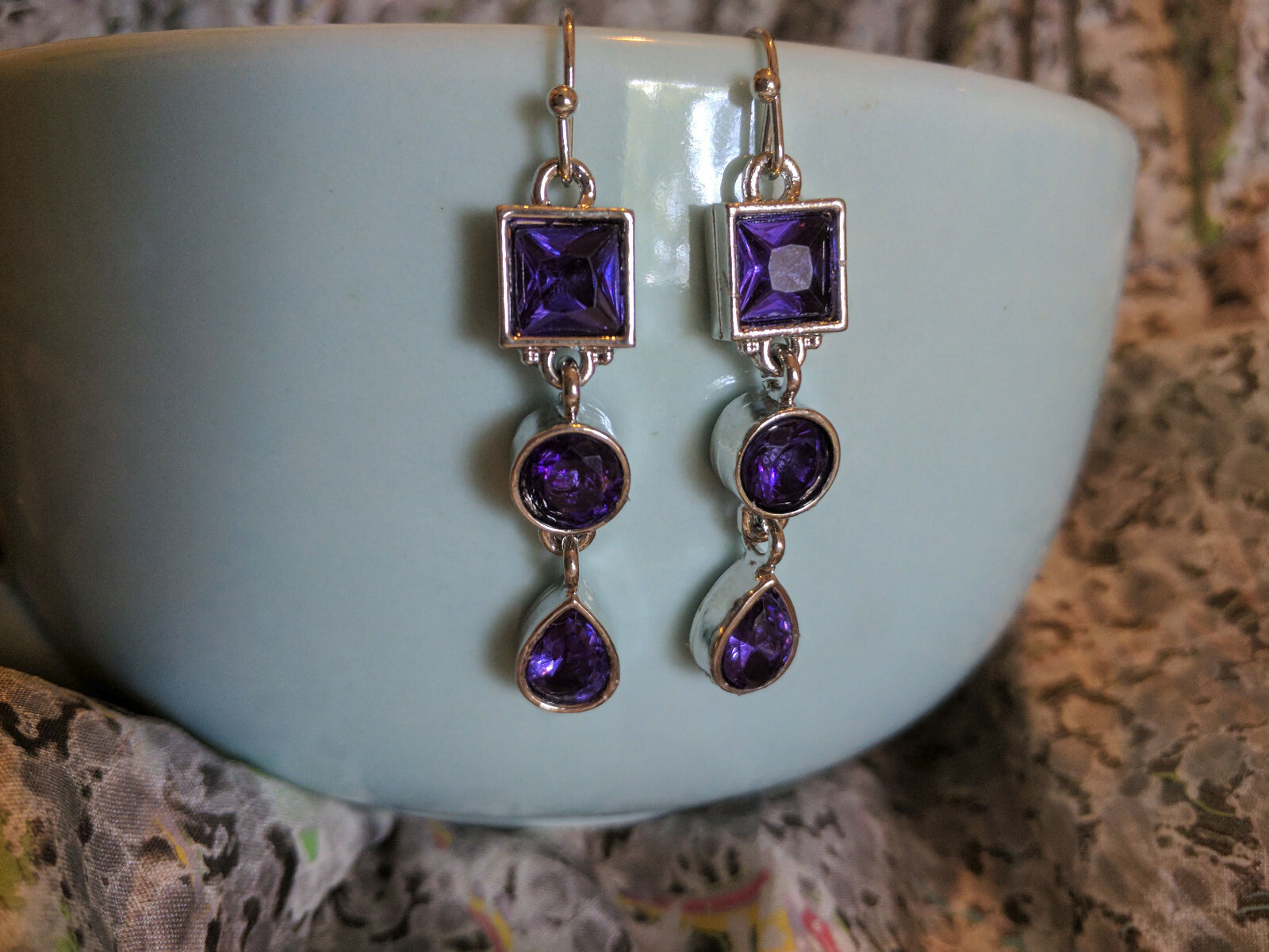 Faux Amethyst Purple Water Drop Pear/Round/Square Plated Dangle Hook Earrings