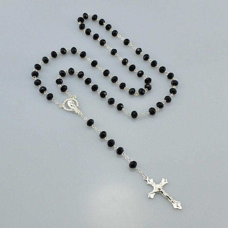 black PRAY HOLY RELIGIOUS CHRISTIAN CATHOLIC Crystal Bead Silver Rosary JESUS
