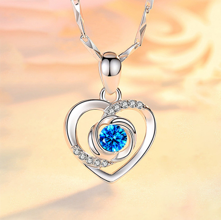 18″ Sterling Silver Blue Diamante Zirconia Heart Love Pendant Necklace Gift A2