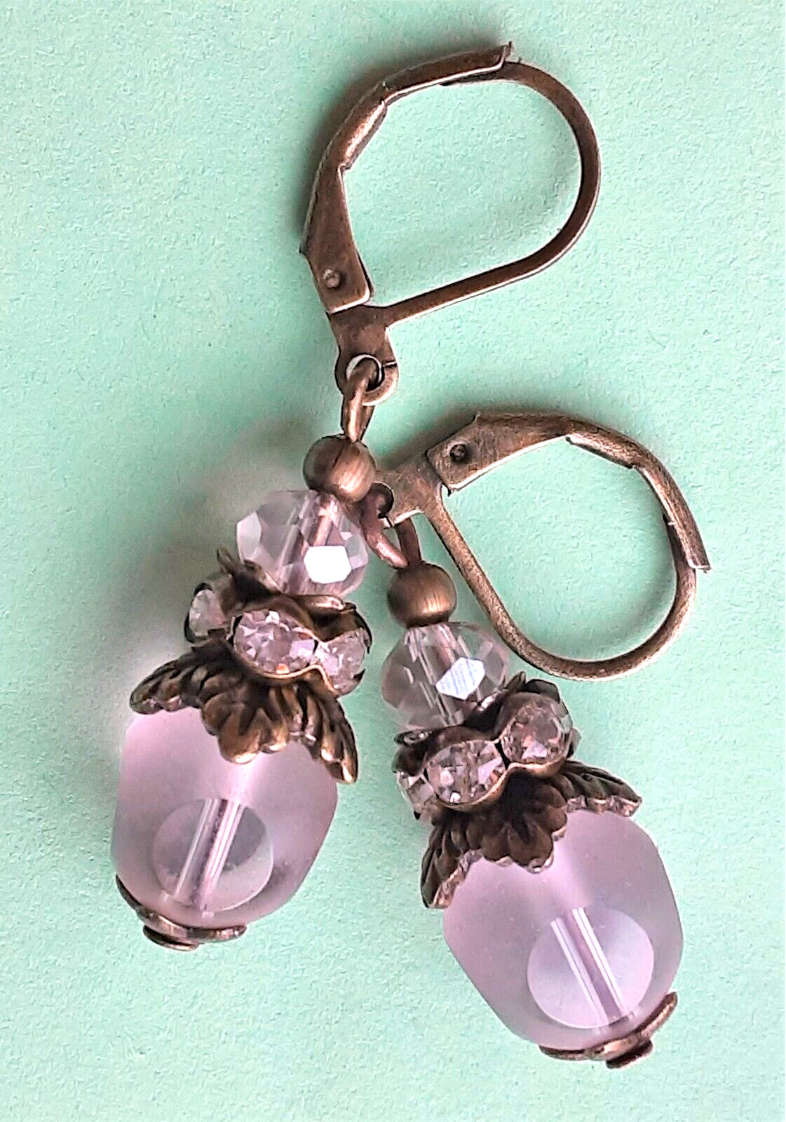 PINK FROSTED Window Cut CRYSTAL drops earring BRONZE LEVERBACK handcrafted XX