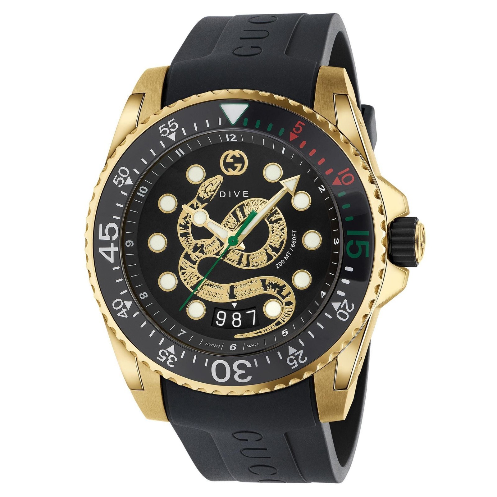 Gucci Dive SWISS Quartz Black Snake Dial Rubber Strap Strap Men’s Watch YA136219