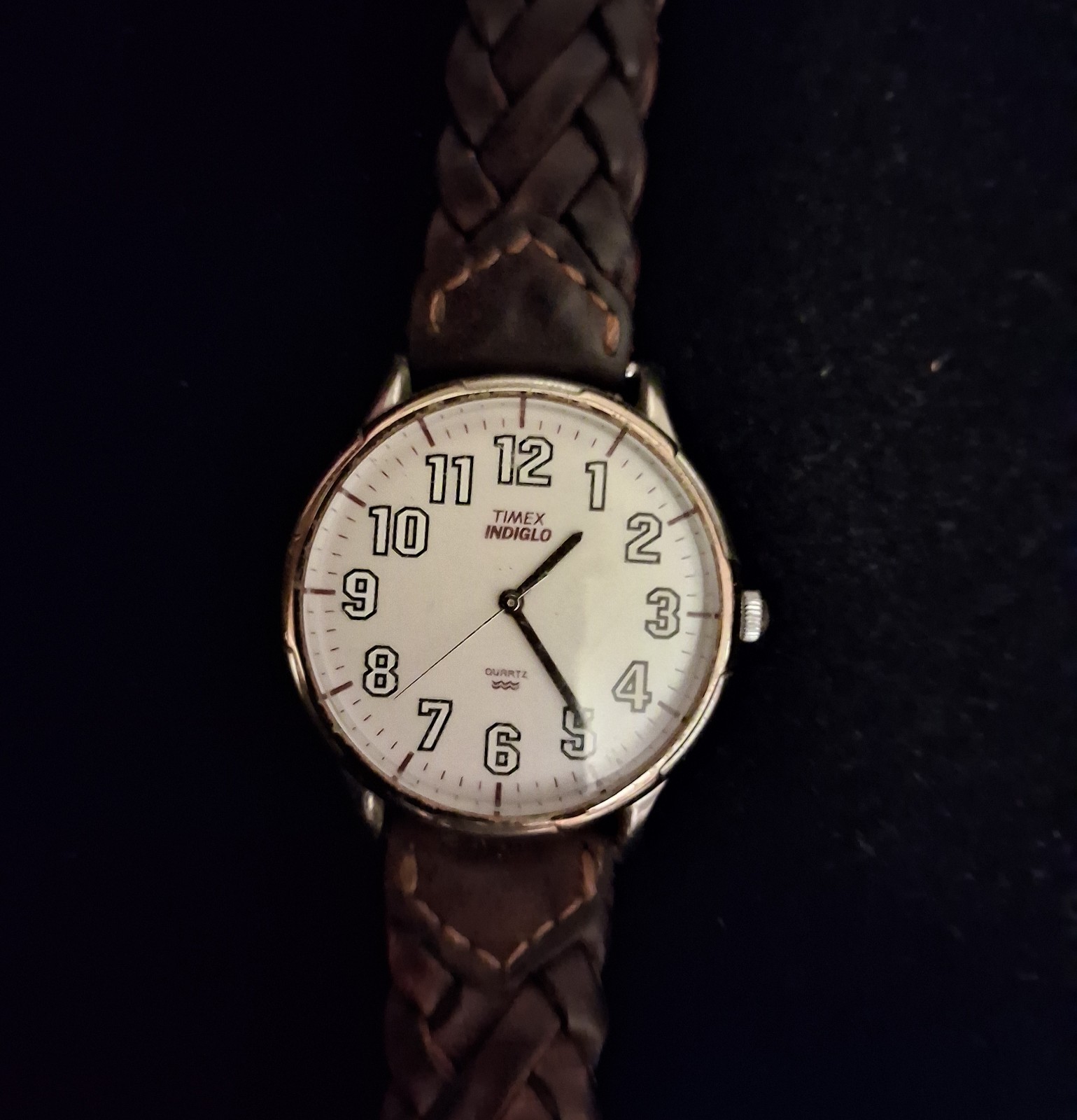 Timex INDIGLO Quartz 30mm Silver-Tone White Arabic Dial Brown Leather Strap