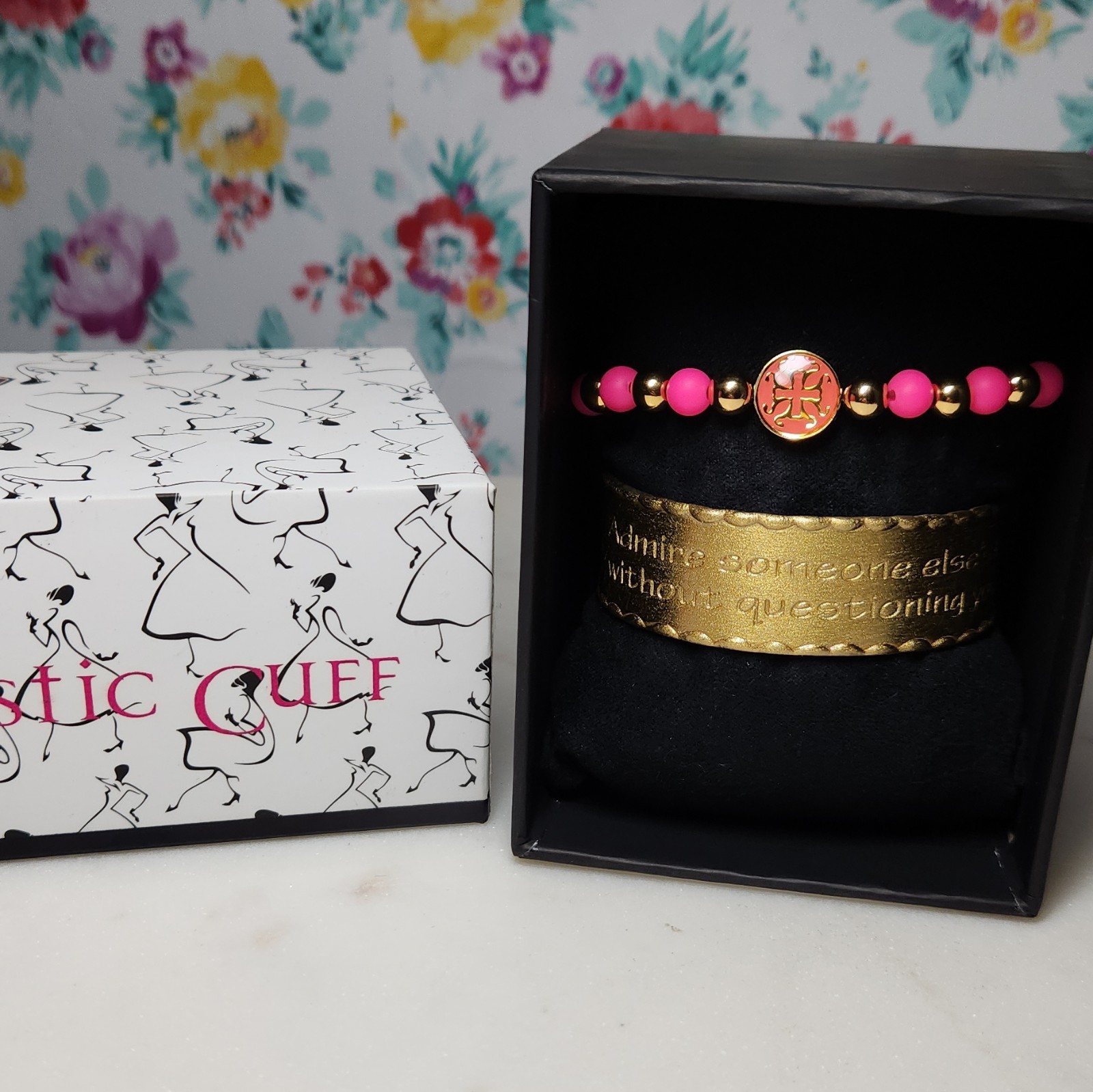 Rustic Cuff Pink & Gold Tone Beaded Charm Bracelet Metal Beads