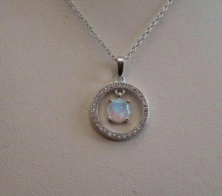 OPEN ROUND CIRCLE NECKLACE PENDANT W/LAB DIAMONDS & OPAL / 925 STERLING SILVER