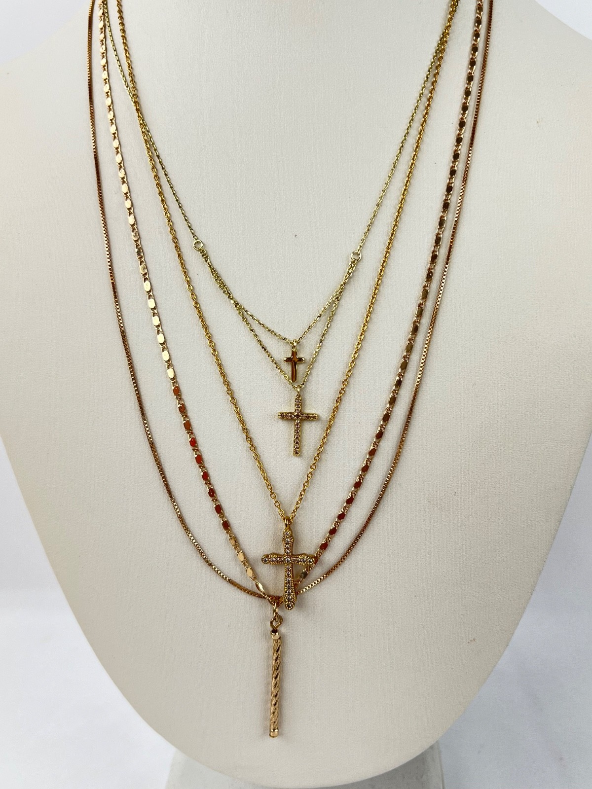 Fashion 3 Necklaces Lot Chains Gold Tone 3 Crosses 1 Bar Pendant Layering Set