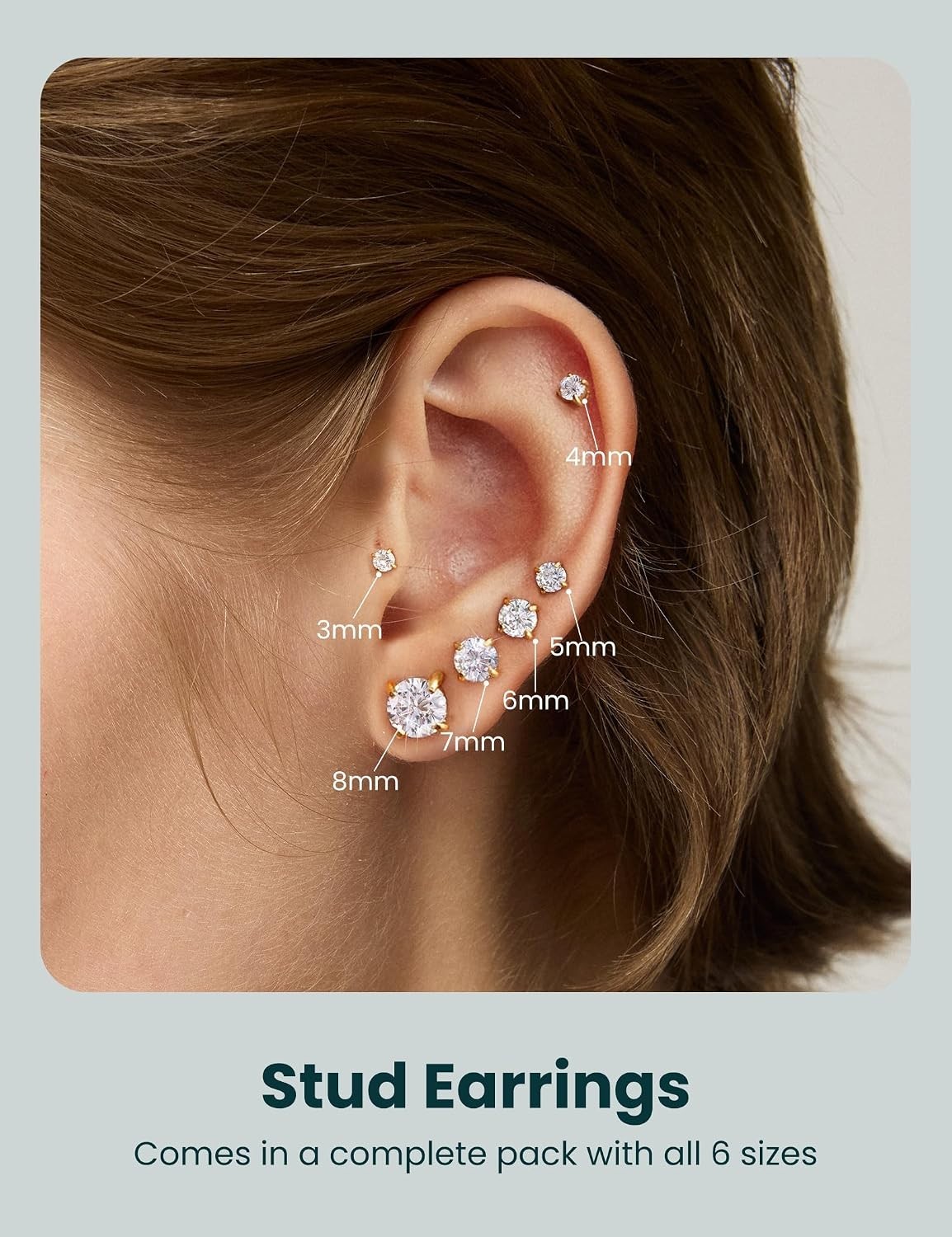 Elegant Set of 6 Stud Earrings – 14k Gold Hypoallergenic CZ for Sensitive Skin