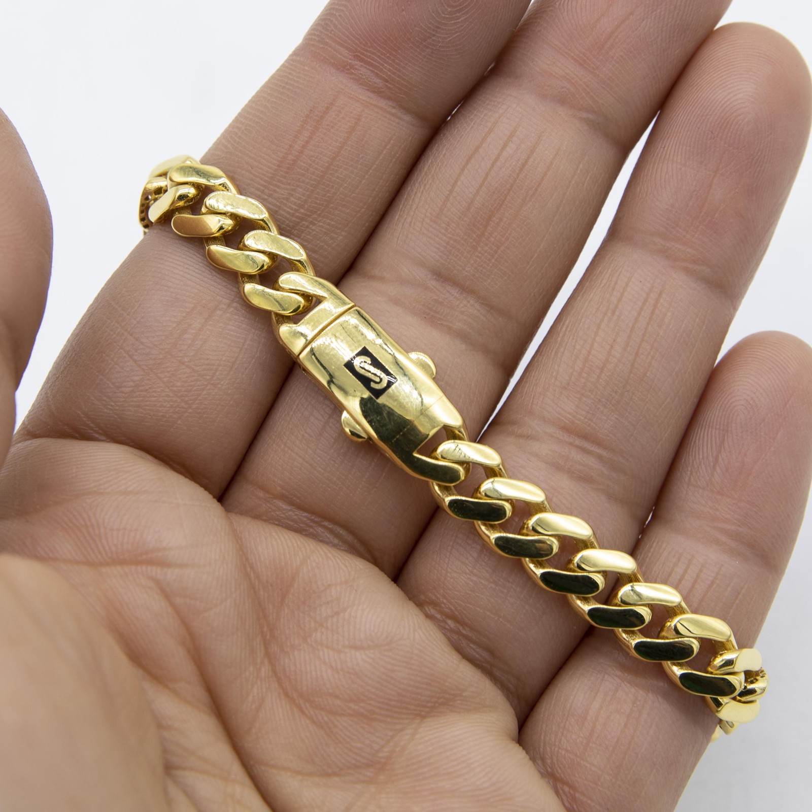 7.5mm Miami Cuban Royal Link Bracelet Plain Shiny Box Clasp Real 10K Yellow Gold