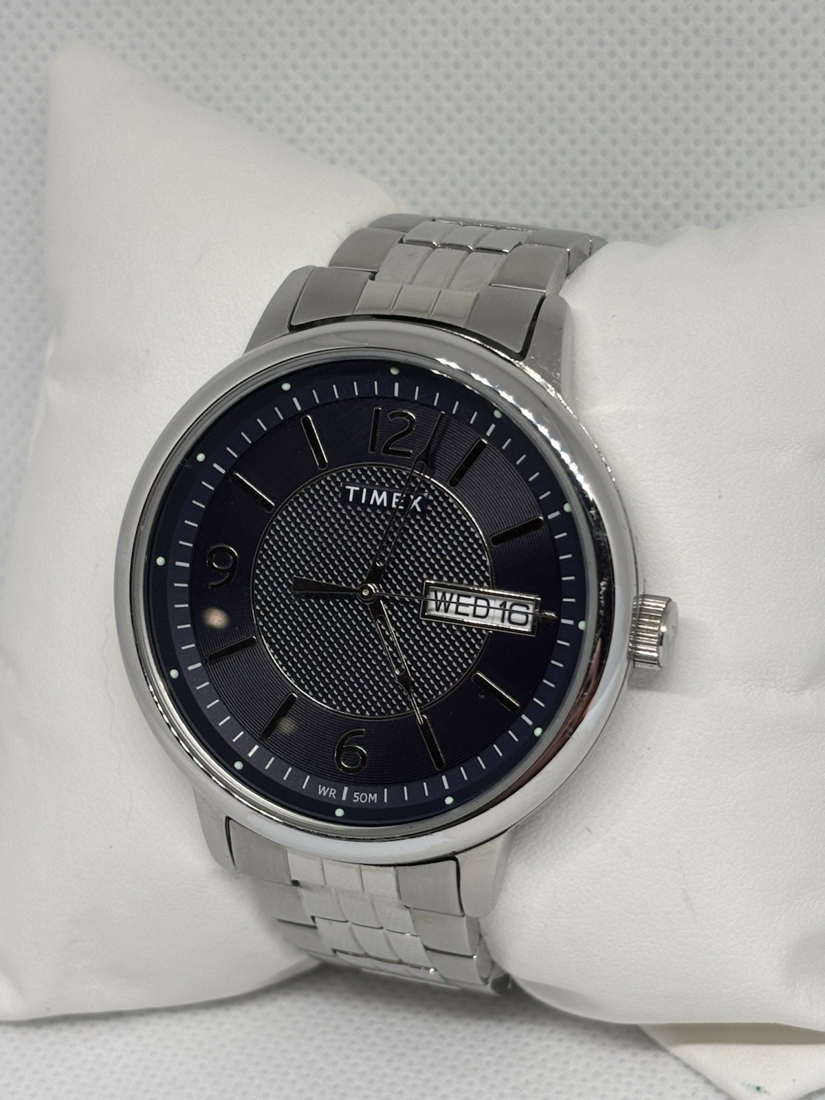 Timex Men’s Blue Dial Day Date Quartz Watch Stainless Steel WR50M Working