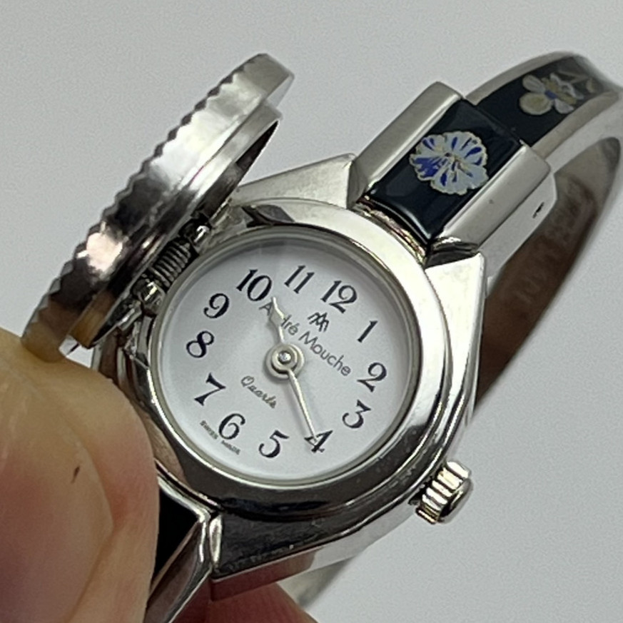 Andre Mouche Secret Bangle Watch Qz SWISS MADE Floral Enamel Ladies w/Box #B866