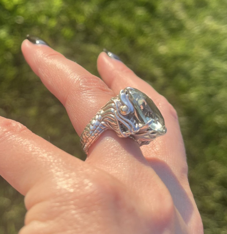 John Hardy NAGA 18kt Gold and .925 Silver, Green Amethyst Ring, SZ 5
