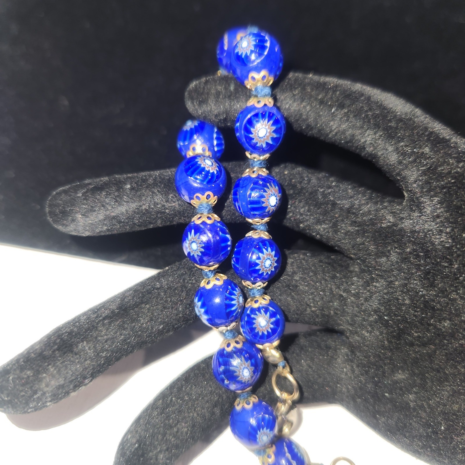 Vintage Venetian Millefiori Glass Bead Bracelet Cobalt Blue Gold Tone 7Inch