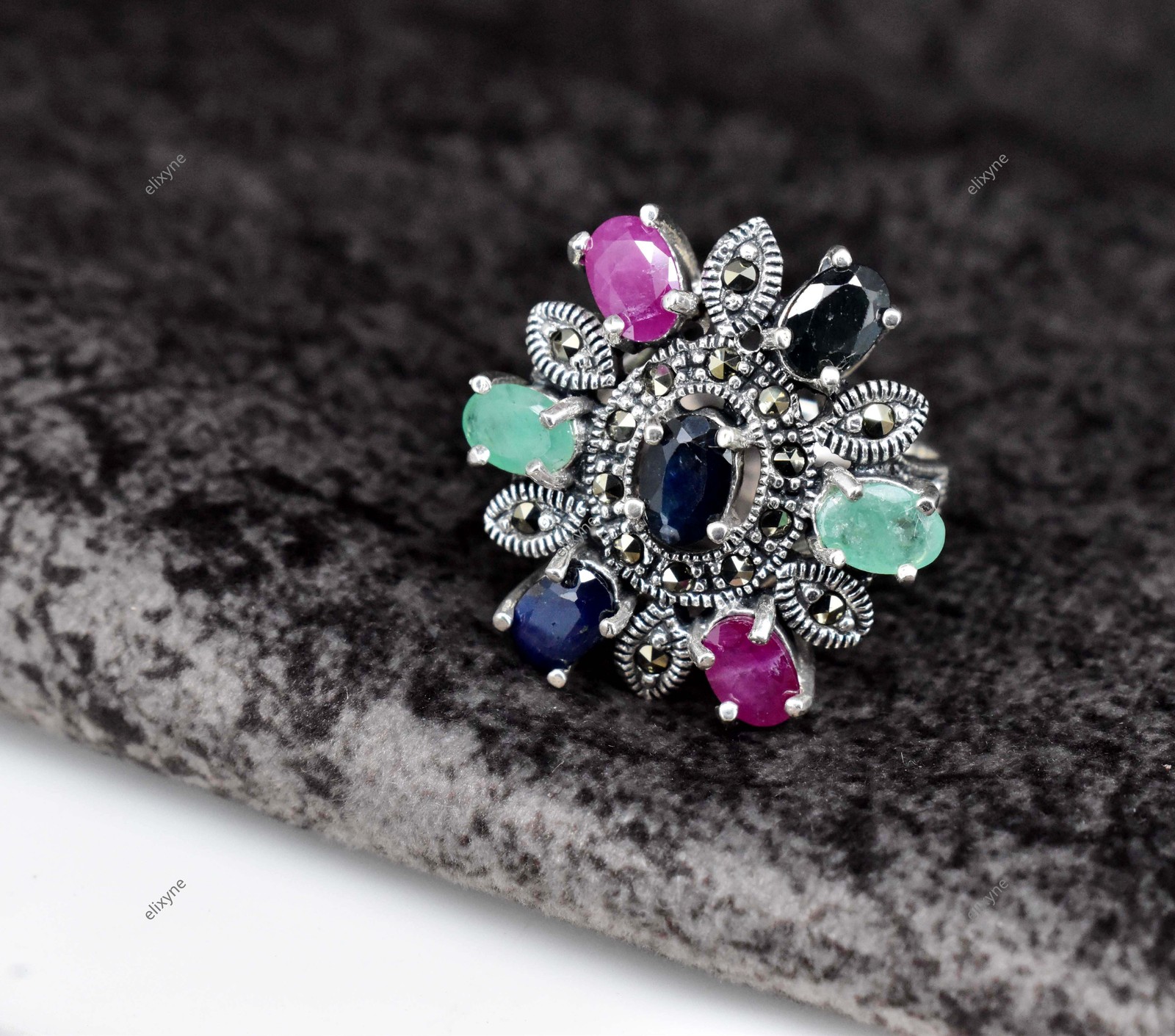 100% Natural Ruby Emerald & Sapphire 10.77 Gm 925 Sterling Silver Ring US 5.9