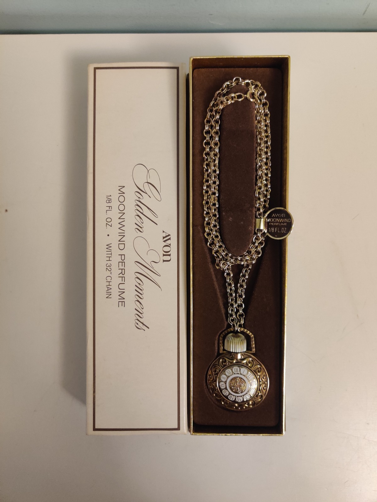 AVON MOONWIND ENAMEL POCKET WATCH 32 in NECKLACE PERFUME BOTTLE New w Box