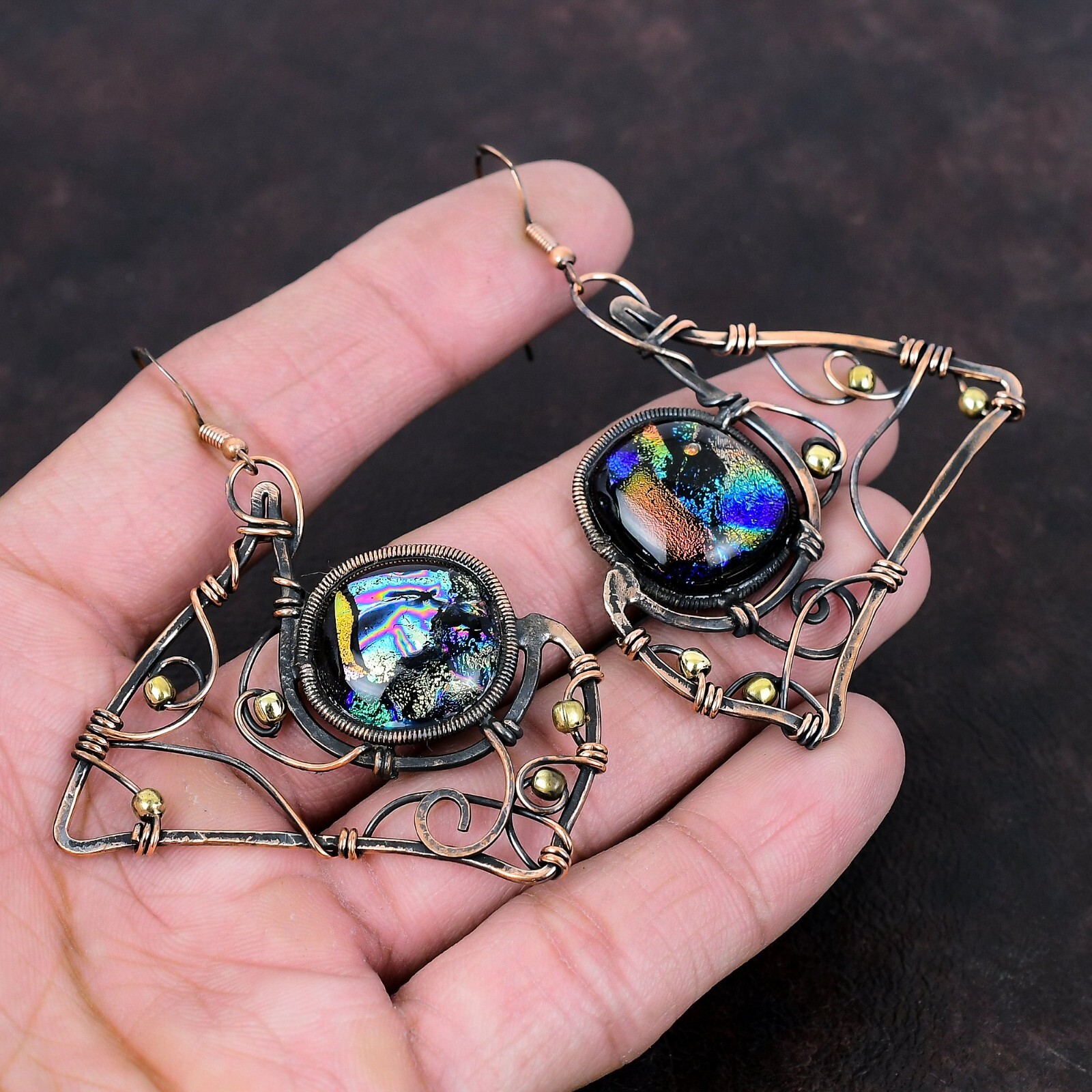 Gift For Her American Dichroic Glass Wire Wrapped Earrings Copper 2.56″