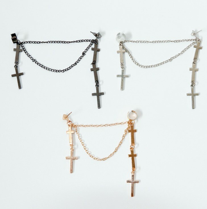 Gothic Punk Cuff Dangle Drop Cross Earrings Long Chain Stud Tassel Earrings P29