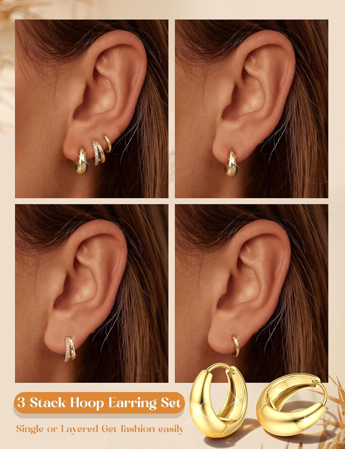 3 Pairs Small 14K Gold Plated Hoop Earrings for Women Trendy Hypoallergenic Silv