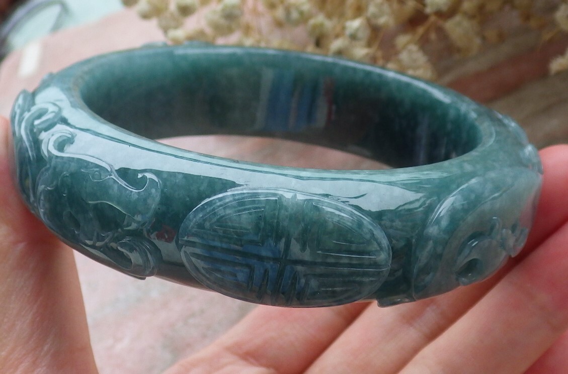 Certified Blue Green JADE Jadeite Dragon Phoenix Bangle Bracelet 69mm 589283 AS