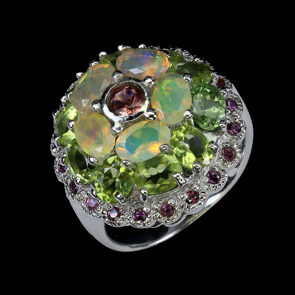 925 Sterling Silver Ring Oval Fire Opal Peridot Rhodolite Gemstone Jewelry Size