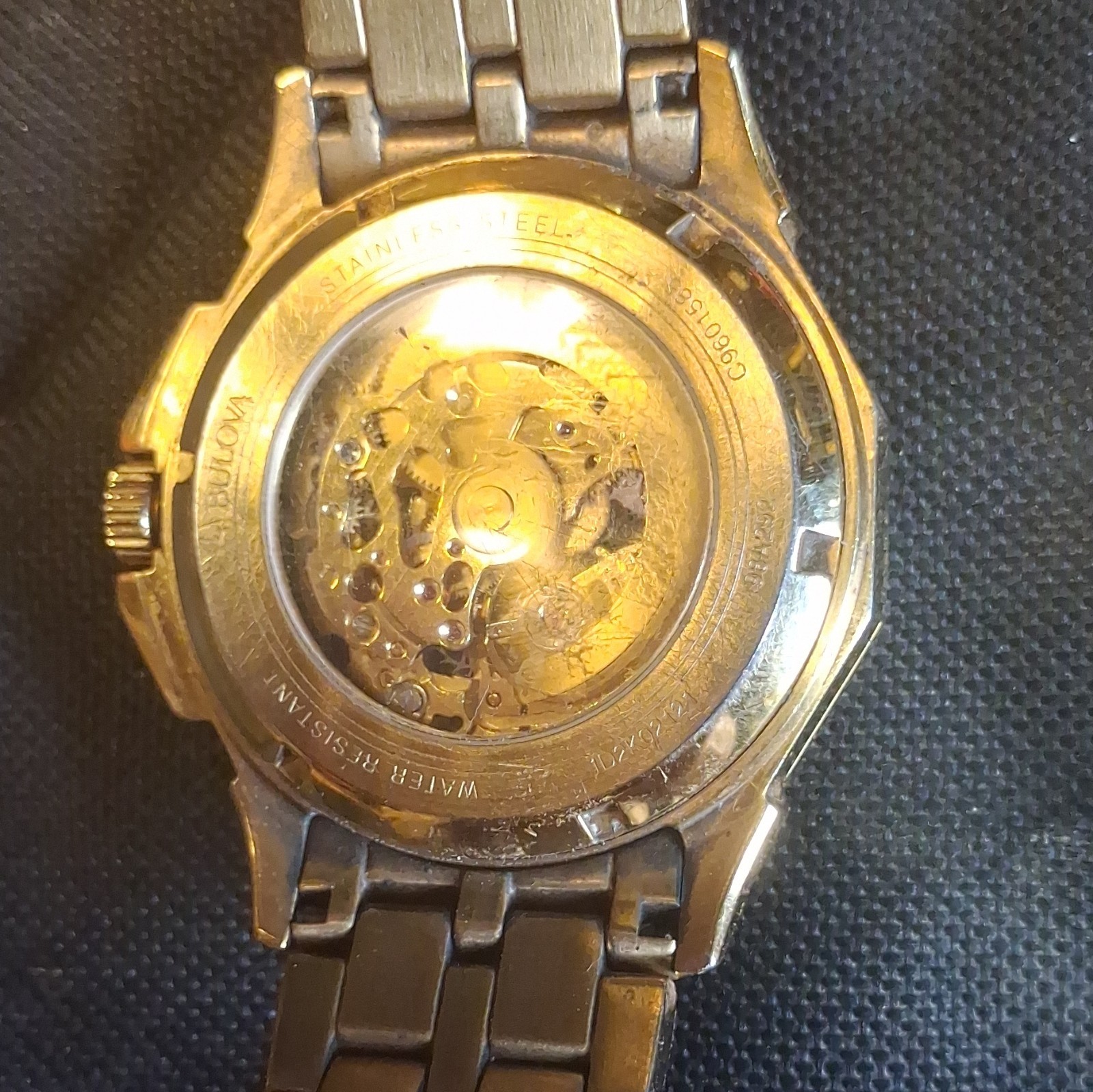 Bulova Mens Automatic Skeleton Dial Gold-Tone Bracelet Watch Crystal Bezel