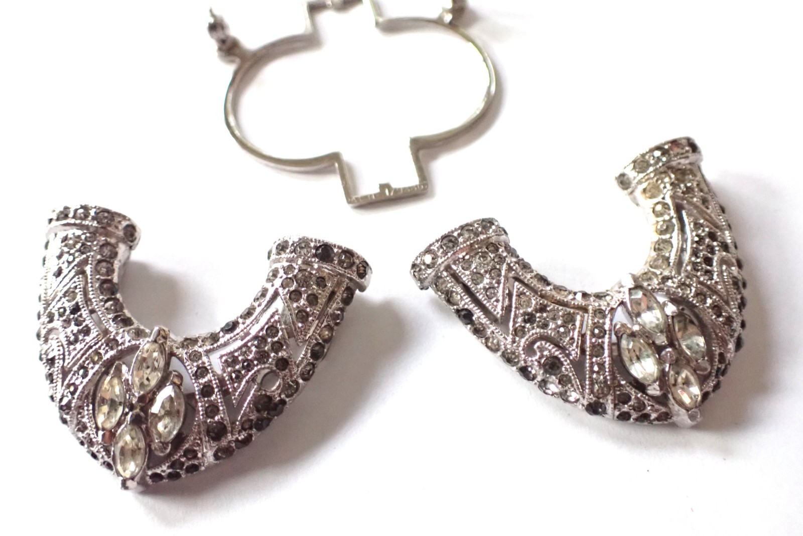 Vintage Signed Coro Duette Art Deco Brooch Dress Clips Gray / Clear Rhinestones