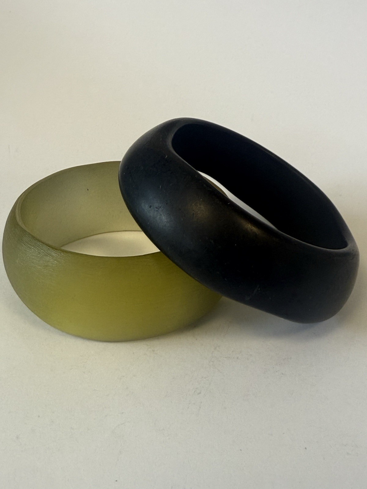 Beautiful Set Of 2 Retro Plexi Bangle/Bracelet Light Olive And Black Off Shape