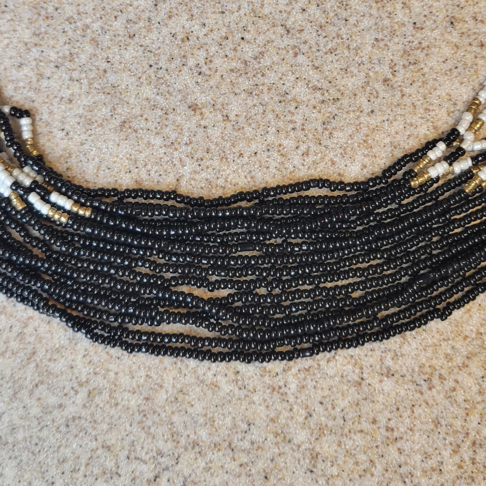 16 Strand Waterfall Necklace Black White Gold Seed Beads Beaded Vintage 22in