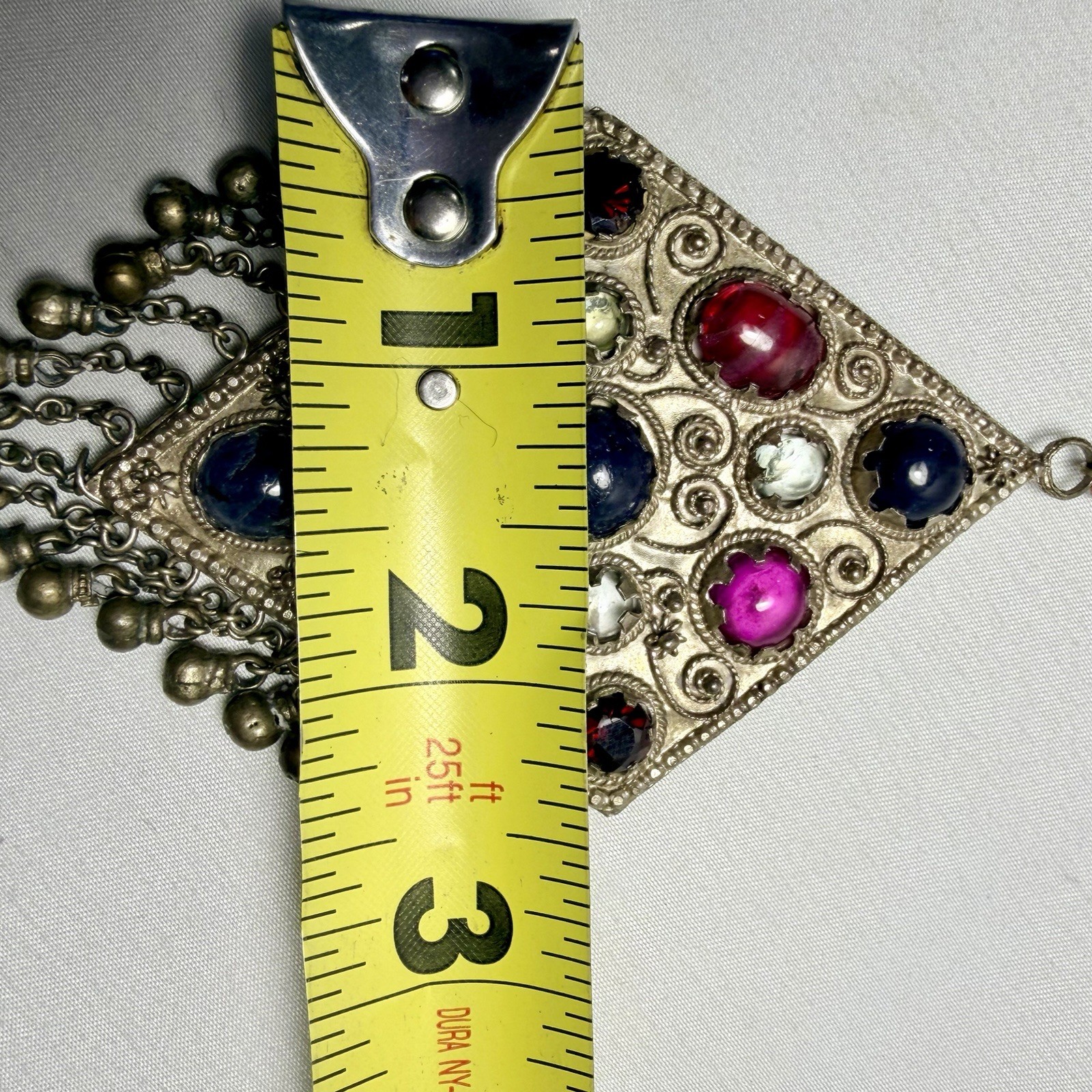 Vintage Kuchi Tribal Pendant Intricate Metalwork Adorned Colored Cabochons