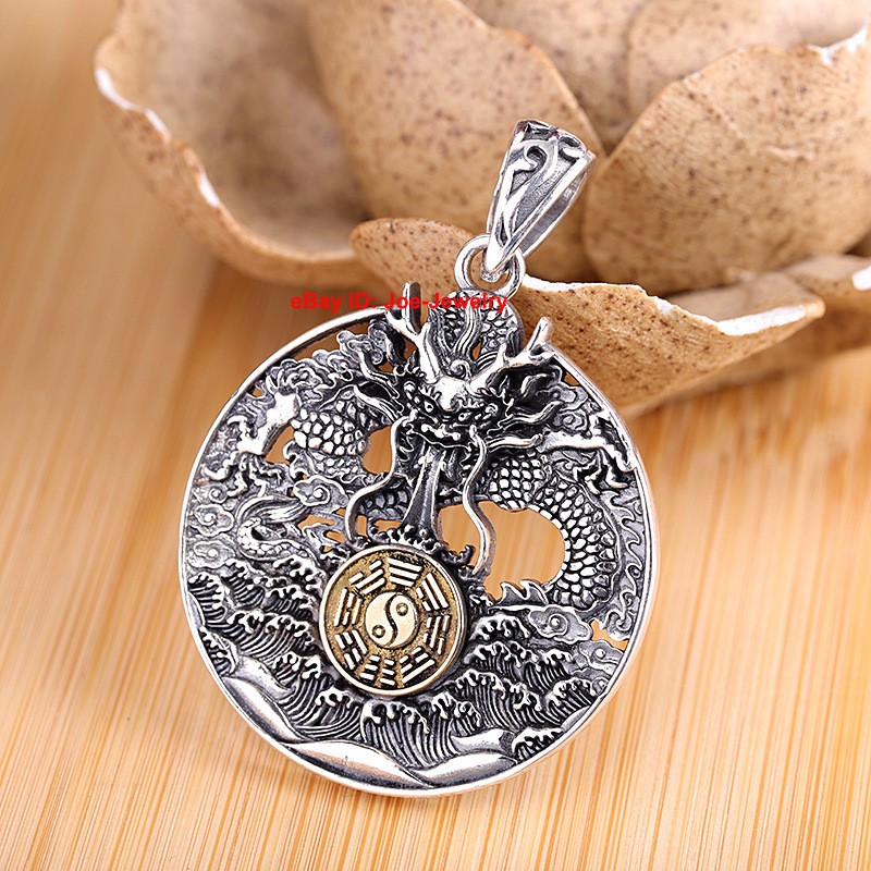 S925 Real 925 Sterling Silver Round Dragon Pendant Amulet 17-18g 1.69inch H