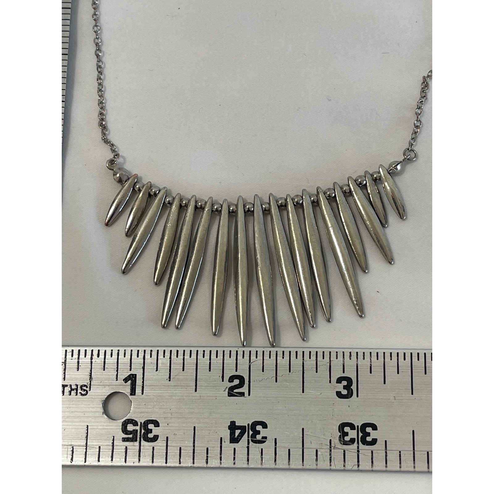 Silver Tone Spike Bib Statement Necklace Edgy Punk Fringe Textured Metallic