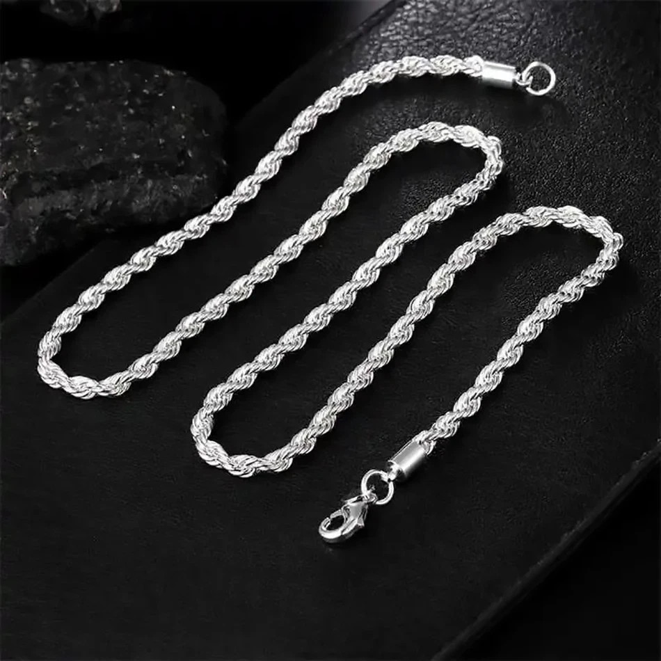 New Men’s Italian 4mm Diamond Cut Rope Chain Solid 925 Sterling Silver Necklace