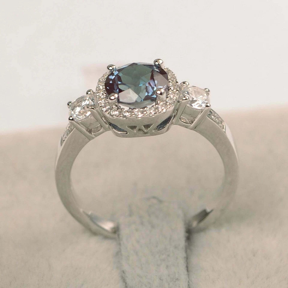 2.50Ct Round Cut Alexandrite Diamond Halo Engagement Ring 14K White Gold Finish
