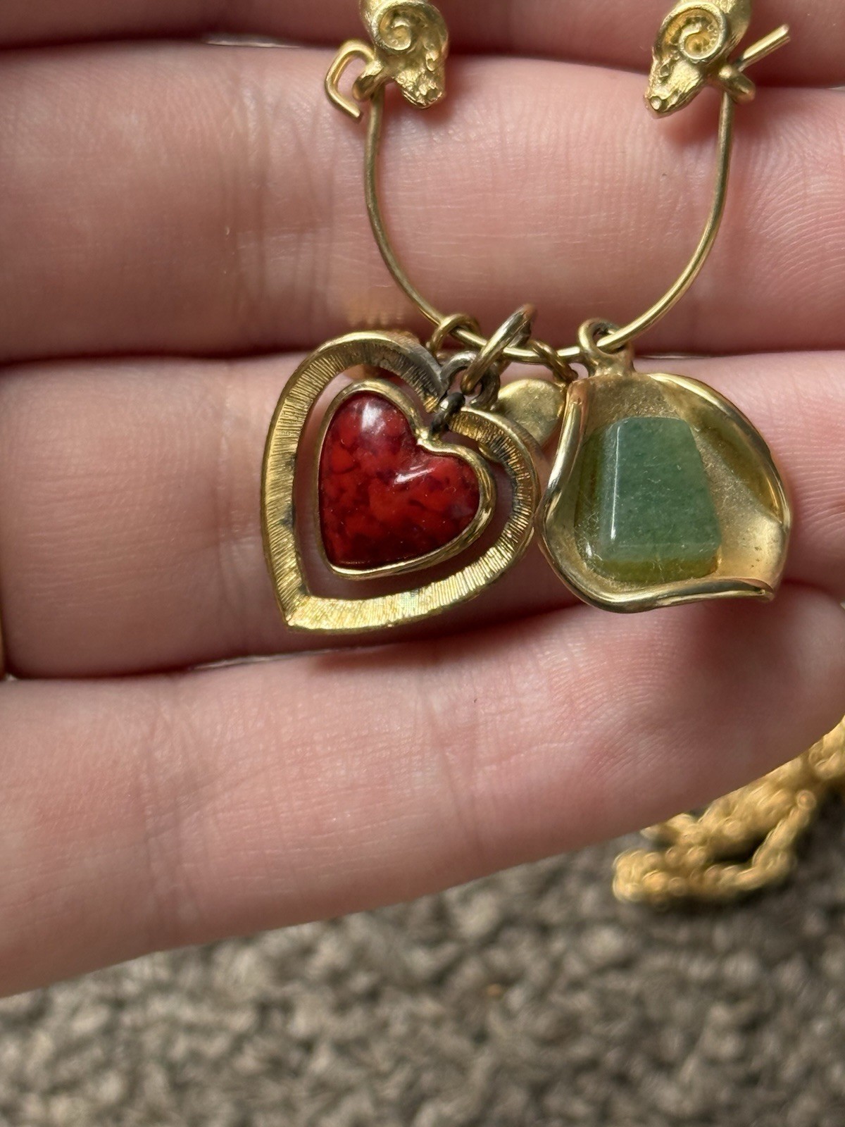 Vintage 1970s 80s Gold Played Charm Necklace – Ram Heads Heart Charms