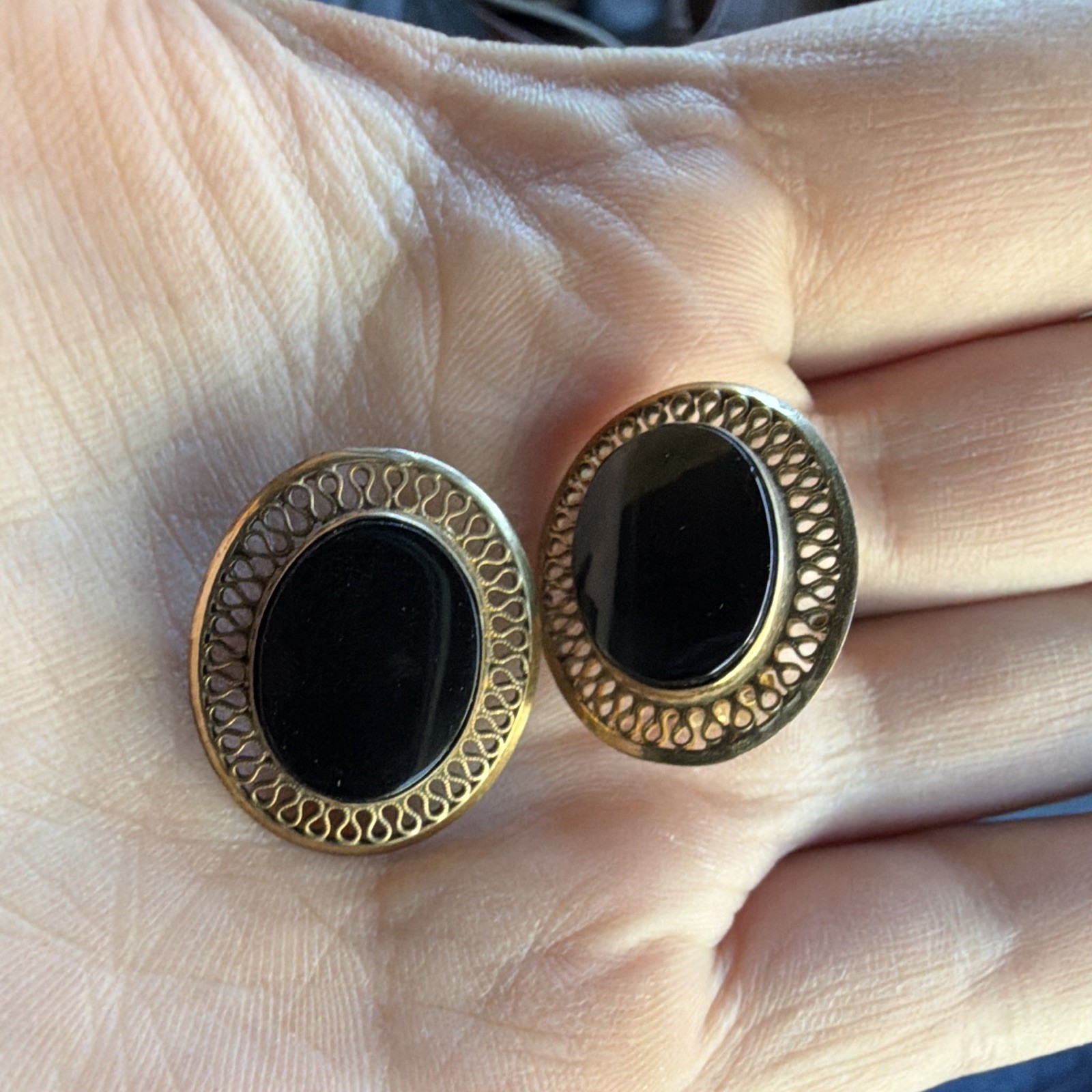 12K Gold Filled 1/20 12K GF Signed Oval Black Onyx Bezel Clip-On Stud
