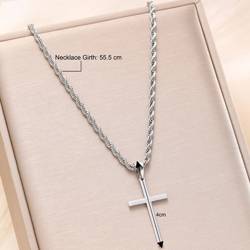 Men’s Silver & Gold Rope Chain Necklace Cross Pendant Stainless Steel Jewelry